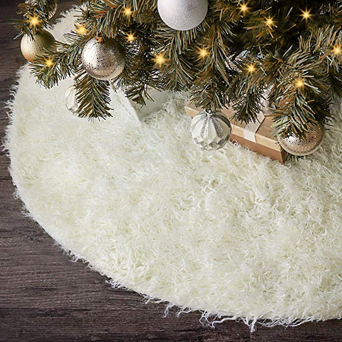 Ivenf Christmas Tree Skirt, 48 inches Luxury Thick Plush Faux Fur, Rustic Xmas Holiday Decoration, Warm White
