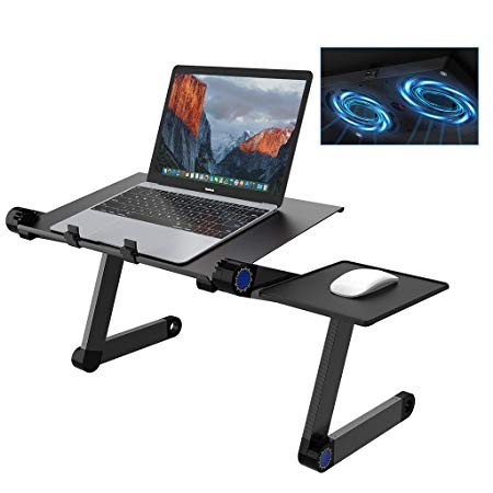 SLYPNOS Adjustable Laptop Stand Folding Portable Standing Desk Cooling Ventilated Aluminum Laptop Riser Tablet Holder Notebook Tray with Cooling Fans, Detachable Mouse Tray for Desk Bed Couch, Black
