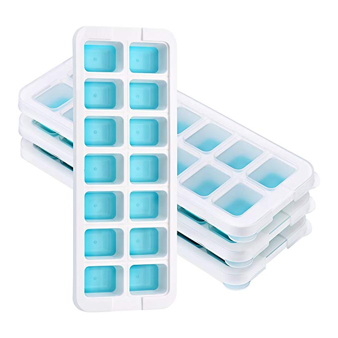 [New Design Lids] Ice Cube Trays,TOPELEK LFGB Certified Ice Cube Molds with Food-Safe Material,4 Spill-Resistant Lids,14-Ice Trays with Spill-Resistant Removable Lid,4 Pack Ice Cube for frozen baby food,Cocktails,Whiskey-Dishwasher Safe,Blue