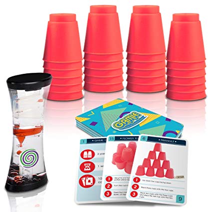 Gamie Stacking Cups Game w/ 18 Fun Challenges & Water Timer, 24 Stacking Cups, Sturdy Plastic, Classic Quick Stacking Cup Game for Kids, Amazing Family Time (Red)