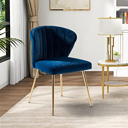 HULALA HOME Velvet Dining Chairs, Modern Small Armless Accent Chair with Gold Metal Legs, Living Room Upholstered Cute Side Chair, Elegant Tufted Back Vanity Chair for Bedroom/Beauty Room-Navy