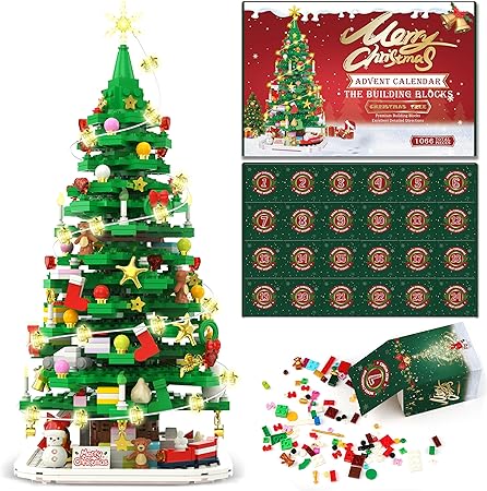 Advent Calendar 2023 Christmas Tree Building Toy Set with LED light, 1066 Pieces Christmas Countdown Calendar, 24 Days Building Block for Kids Adult Creative Gifts for Adults Teens Girls Ages 8