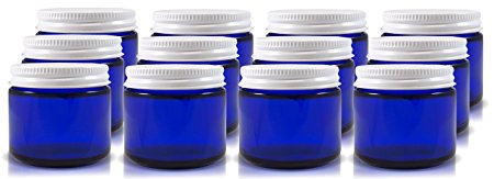 2 Oz Cobalt Blue Glass Straight Sided Jars, Lids Included, (12 Pack); Great for Creams, Cosmetics, Lotions and More