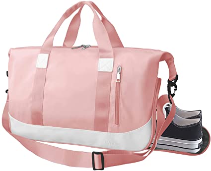 Suruid Gym Bag Travel Duffel Bag, Sports Tote Gym Bag Waterproof Shoulder Weekender Overnight Bag for Women and Men with Shoe and Wet Compartments and Trolley Sleeve, Lightweight Carry on Gym Bag-Pink