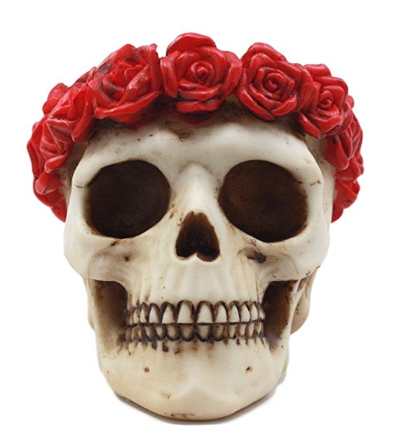 Atlantic Collectibles Day of The Dead Red Rose Laurel Flower Wreath Sugar Skull Figurine Decor 4.5"L