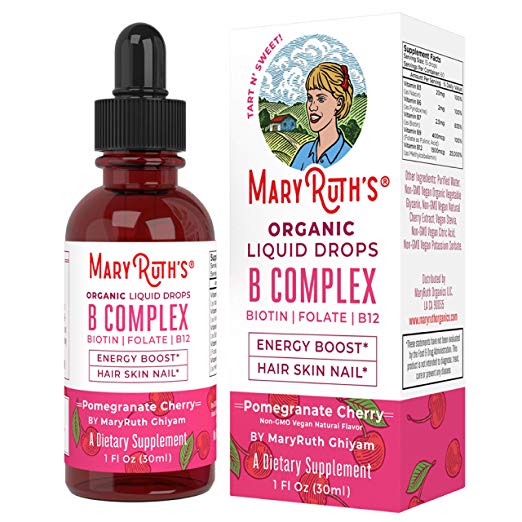 Organic Vitamin B Complex by MaryRuth | Hair Skin Nails Energy | Methyl B12 | Folate | Biotin | Niacin | Liquid Sublingual Supplement - Vitamins B3, 6, 7, 9, 12 - Vegan Non-GMO Tart Cherry -Glass 1oz