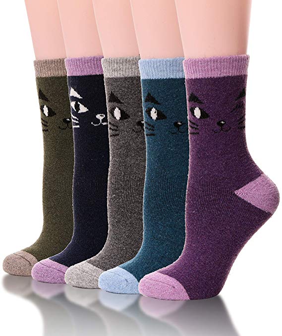 Womens Wool Socks Thick Heavy Thermal Winter Warm Fuzzy Cute Crew Socks For Cold Weather 5 Pack