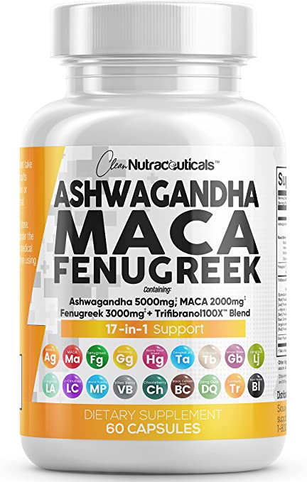 Ashwagandha Maca Root Fenugreek Supplement with Tongkat Ali Ginseng - Assists with Stress, Mood & Adrenal Health - Ashwagandha Capsules Maca Pills Fenugreek Caps Made in USA - 60 Count