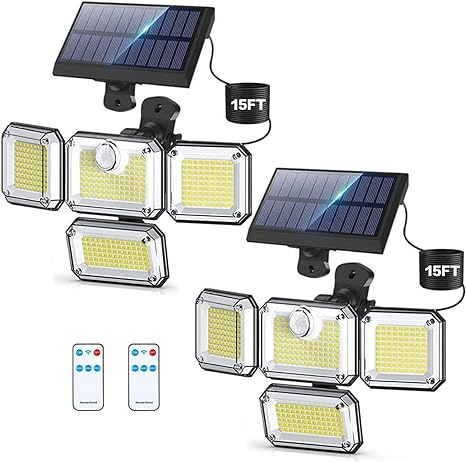 Solar Lights Outdoor, 3000LM LED Flood Motion Sensor Lights Outdoor, IP65 Waterproof 4 Heads 3 Modes 270° Wide Angle 6500K Solar Powered Security Flood Outside Garage Patio Yard Lamp-2 Pack