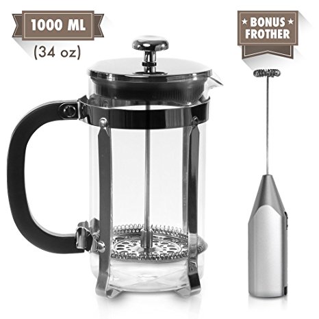 Zell French Press Coffee Maker with Stainless Steel Frame and Electric Milk Frother Set | Clear Strong Borosilicate Glass Tea & Coffee Brewer with Bonus Milk Frother | 34 Oz (1 Liter)