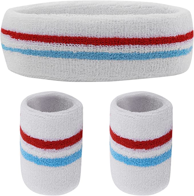 Yolev Striped Sweatband Set Sports Headband Wristband (1 Headband and 2 Wristbands) Set Sweatbands for Athletic Men and Women