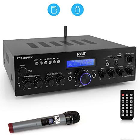 Wireless Microphone Power Amplifier System - 200W Dual Channel Sound Audio Stereo Karaoke Speaker Receiver w/ USB, AUX, Microphone IN w/ Echo, Radio,Home Theater via RCA, Studio Use - Pyle PDA8BUWM