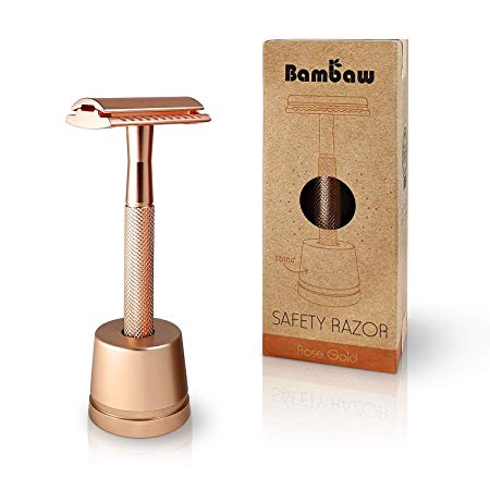 Safety Razor Rose Gold With Safety Razor Stand | Reusable Razor | Eco Friendly Shaving | Metal Shaver | Double Blade Razor | Waste Free | Ladies Safety Razor | Eco Razors for Women | Bambaw