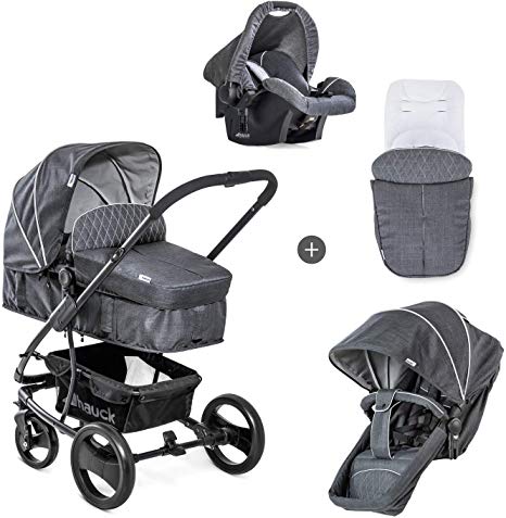 Hauck Pacific 4 Shop N Drive, Lightweight Pushchair Set with Group 0 Car Seat, Carrycot Convertible to Reversible Seat, Footmuff, Large Wheels, From Birth to 25 kg, Melange Charcoal