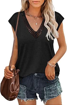 Zeagoo Women's Summer Casual V Neck Cap Sleeve Tank Tops Guipure Lace Shirt Blouse