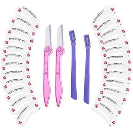 Lictin 4 Pcs Eyebrow Razor Trimmer Shaper Kit, Cheek Facial Hair Remover Women's Trimmer Shaving Grooming Kit with 24 Pcs Eyebrow Stencil Grooming Shaping Templates(pink)