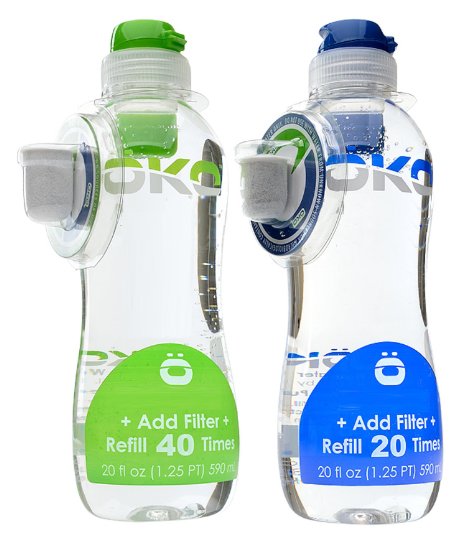 OKO H2O Pure Everyday Water Bottle with 40-Refill Filter (2-Pack), Assorted Colors
