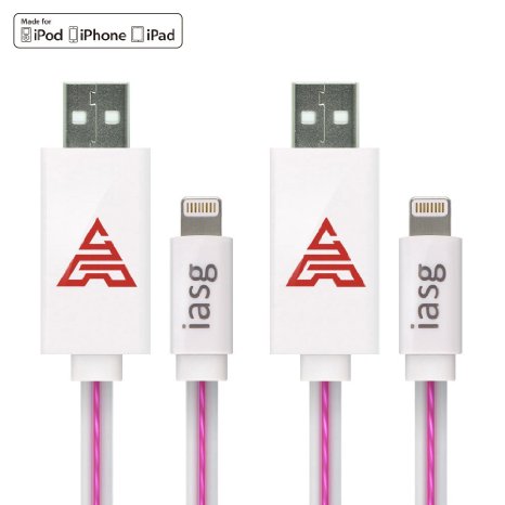 Iasg [MFi Certified] 2xPack Flat Visible LED Lighted Up Charging Lightning to USB Cable for Apple iPhone 5s 6s iPhoneSE iPad iPod-3.3FT(1 meter)-Pink Purple Light