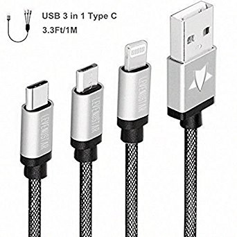USB Type C Cable, LeVenustar 3.3ft (1M) 3 in 1 Multiple USB Charging Cable with Lightning Cable / Micro USB / USB Type C for iPhone 6 6 Plus 5 5s, Macbook, Nexus 6P, 5X, Sumsung and more (Silver)