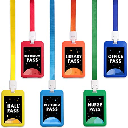 Fun-Plus Hall Pass Lanyards Unbreakable Plastic School Passes Set for Teachers and Classroom Supplies Including Hall Passes of Nurse, Restroom, Library, Office(6 Pack)
