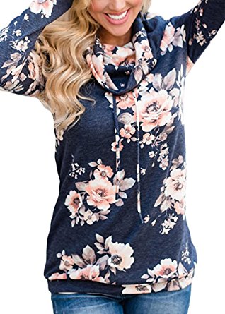 Angashion Womens Sweatshirt Cowl Neck Floral Print Drawstring Long Sleeve Tunic Tops Shirt