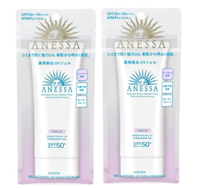 SHISEDO ANESSA Facial Tone Up Brightening UV Sunscreen Gel with Hyaluronic Acid, Collagen and Tea Extract - SPF 50  PA     - Waterproof - Fruity Floral Scent - Made in Japan - Essential Hub - Set of 2 Pieces - 2 x 90 G.