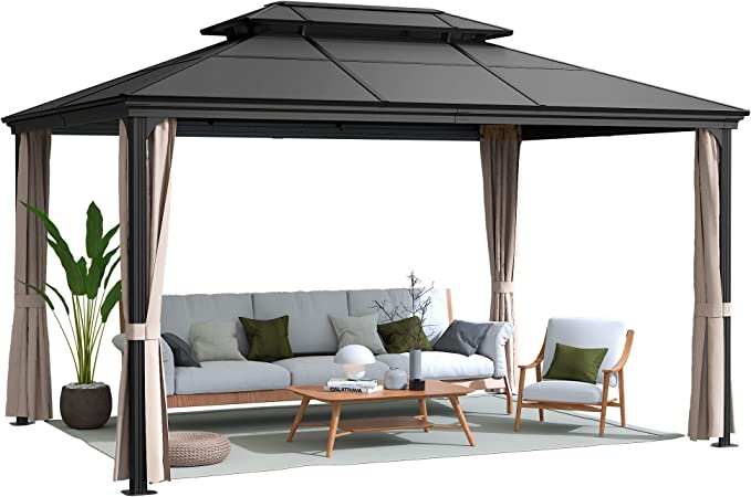 Flamaker Hardtop Gazebo Aluminum Frame Outdoor Gazebo with Privacy Curtains and Gauze Mesh Sunshade Pavilion Double Roof Canopy for Patio, Lawn, Deck, Poolside (Polyurethane Roof, 10' x 13')