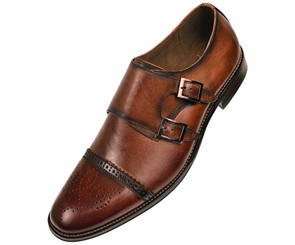 Asher Green Mens Brown Genuine Leather Classic Double Monk Strap Dress Shoe with Cap Toe: Style Stowe Brown-028