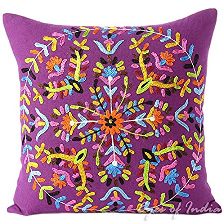 EYES OF INDIA - 16" Purple Embroidered Decorative Sofa Throw Pillow Cushion Cover Boho Bohemian