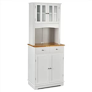 Giantex 67" Pantry Organizers and Storage, Tall Kitchen Cupboard with Drawers & Storage Cabinet, Freestanding Wooden Microwave Station with Glass Doors & Shelves, Buffet Hutch, White