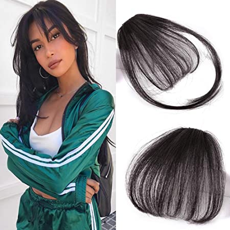 HIKYUU #1B Darkest Black Thin Neat Air Bangs Remy Human Hair Extensions Clip in on Fringe Bangs Clip in Hair Extensions Natural Hair without Temples