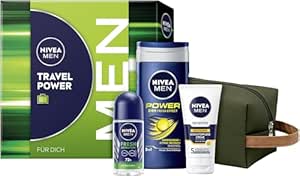 NIVEA MEN Travel Power Geschenkset, Pflegeset mit Pflegeprodukten für unterwegs, Set mit NIVEA MEN Duschgel, Deo Roll-on, Gesichtspflege Creme und Kulturtasche