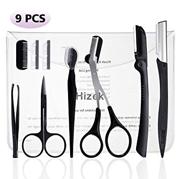 Eyebrow Razor,Hizek 6 in 1 Eyebrow Kit Including Eyebrow Trimmer Razor,Eyebrow Brush,Eyebrow Scissors,Tweezers,Travel Carrying Case,2 Pcs Blades and 1 Pcs Comb for Replacement