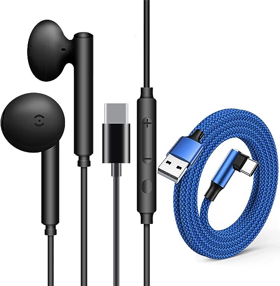 USB C Headphones Type C Earphones usb c earbuds Wired Headphones In Ear with Mic and Volume Control Noise Cancelling Earbuds Compatible with Huawei P30Pro Samsung S20 (Plus USB C Charger Cable 6FT)