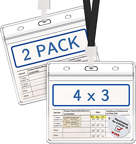 Vaccine Card Holder 4X3 Vaccine Card Protector Waterproof 2 Packs with lanyards covid Vaccination Card Protector Immunization Record Clear Vinyl Plastic Sleeve with Type Resealable Zip
