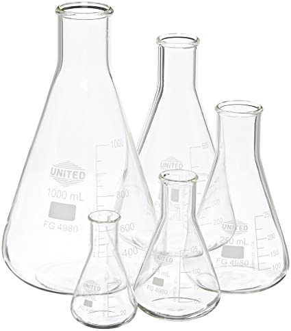 United Scientific FGSET5 Borosilicate Glass Erlenmeyer Flasks Set, Set of 5 Flasks