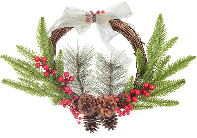 Artiflr 15inch Artificial Pine Christmas Wreath with Cones, Red Berries for Front Door Christmas Holiday Indoor Home Decor