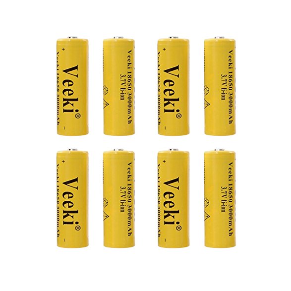 18650 Battery, Veeki 8PCS 18650 3.7V 3000mah Super High-capacity & Fast Li-ion Protected Rechargeable Batteries perfect Power for Flashlight, Headlamps, Search Light Lamp etc (8 Batteries)