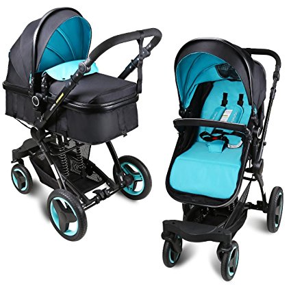 Baby stroller travel system folding pram pushchair infant toddler carriage high landscape (blue)
