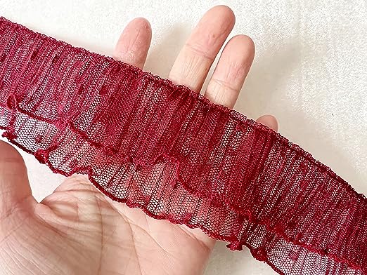 PEPPERLONELY 1 Yard 2-Layer Polka Dot Pleated Tulle Lace Chiffon Fabric Ribbon Fringe Elastic Ruffle Trim Dress Collar Cuffs DIY Sewing Material, 2 Inches Width, Burgundy