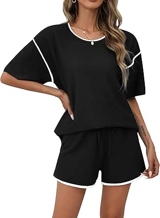 Ekouaer Sweater Lounge Sets 2 Piece Short Sleeve Knit Top and Shorts Matching Pajamas Outfit Sets for Women