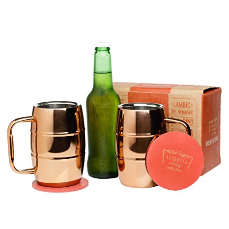 Brew Science Double Walled Stainless Steel Copper Plated Insulated Beer Mugs with Beautiful Artisan Coasters - Set of 2 - 14 oz