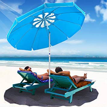 MOVTOTOP 6.5ft Beach Umbrella with Tilt Aluminum Pole and UPF 100 , Flower Vents Design and Portable Sun Shelter for Sand and Outdoor Activities, Carry Bag and Sand Anchor Included