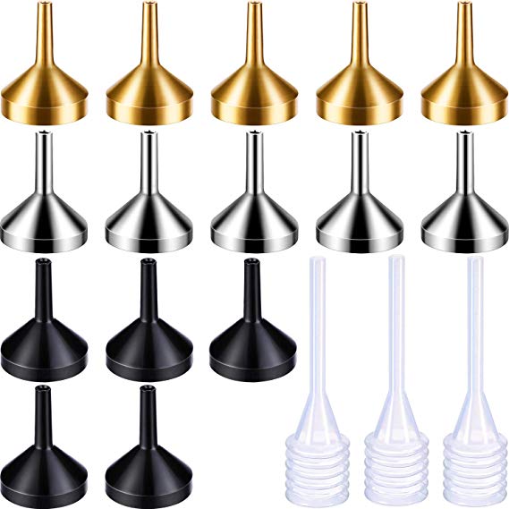 Boao 15 Pieces Metal Mini-Small Funnel Set with 3 Pack Mini Pipette for Essential Oils, Perfumes Spray Bottle, Perfume, Liquid (Gold, Silver, Black)