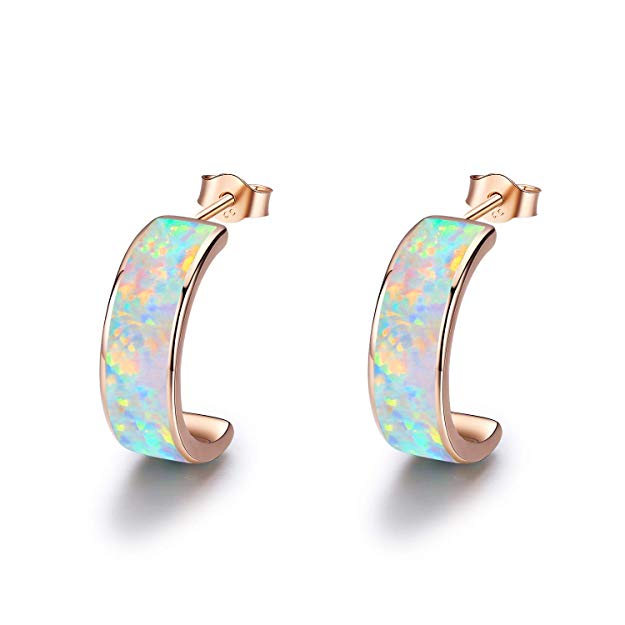 Synthetic Opal Hoops Earrings, 925 Sterling Silver Huggie Earrings C Hoops Circle Earrings Sensitive Ears Cute Gifts for Women