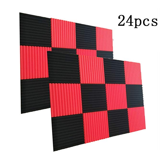 24 Pack- Black/Red Acoustic Panels Studio Foam Wedges 1" X 12" X 12" (24PCS, Black&Red)
