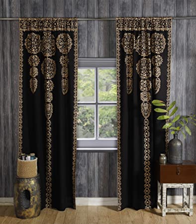 Labhanshi Black Gold Moroccan Medallion Floral Ombre Mandala Window Curtains Tapestry Indian Drape Balcony Room Decor Divider Sheer Wall Hanging