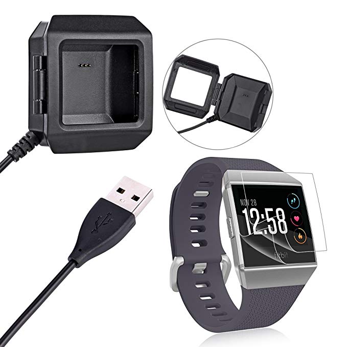 Fitbit Ionic Charger & 2 PCS Screen Protector Kit,Hapurs USB Charging Dock with Charging Cable and 2 Pack Anti-scratch Water-proof TPU Screen Protector for Fitbit Ionic Smart Watch