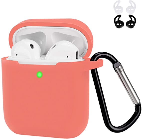 Airpods Case with Earhoooks and Keychain,OLEBAND Silicone Air pod Protective Cover,Compatible for Airpods 2 and 1(LED Visible) Coral