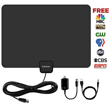 TV Aerial, Sobetter Indoor TV Aerial Amplified 50 Mile Range Digital HDTV Antenna with Detachable Amplifier Signal Booster and 13.2 FT High Performance Coax Cable